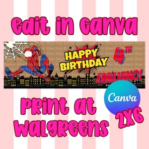 May include: A rectangular birthday banner featuring a red and blue superhero character swinging on a web above a black city skyline. The text reads Happy Birthday, 4th, and Emiliano. The design includes a comic book style speech bubble graphic.