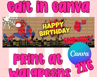 Spidey Birthday Banner Template | Editable Canva Banner | 2x6 WALGREENS Print DIY Sign | Digital Download