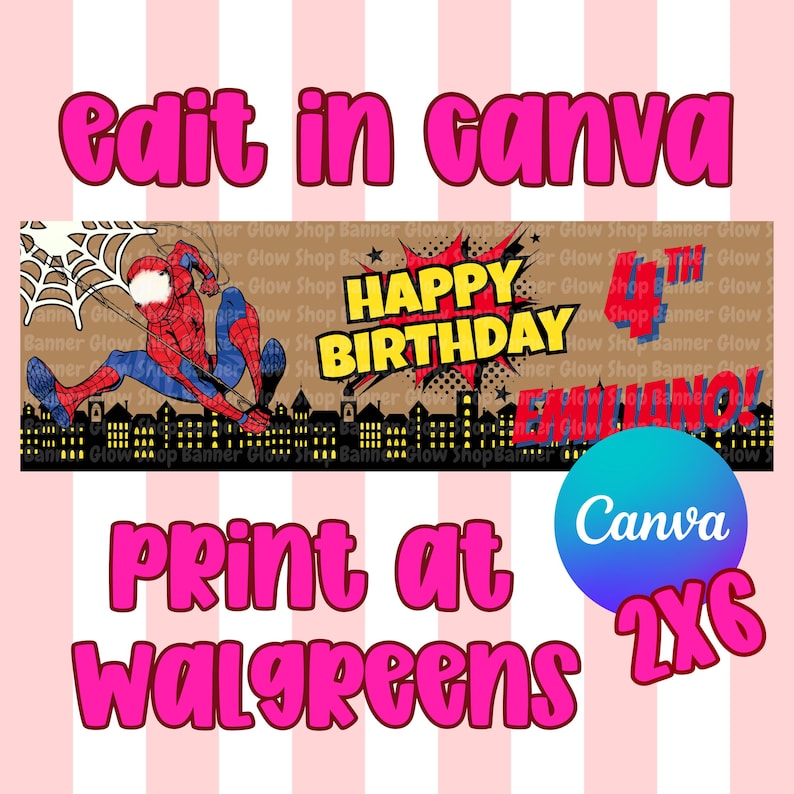 May include: A rectangular birthday banner featuring a red and blue superhero character swinging on a web above a black city skyline. The text reads Happy Birthday, 4th, and Emiliano. The design includes a comic book style speech bubble graphic.