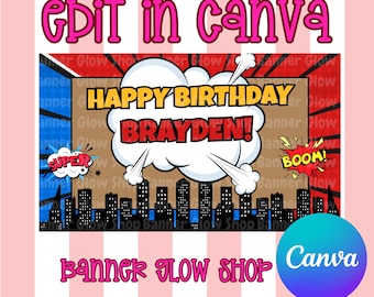 Superhero Birthday Banner Template | Editable Canva Boys Party (Digital Download)