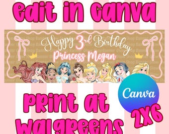 Princess Birthday Banner Template, Editable Princess backdrop for printing (2 x 6 ft) (Digital Download)