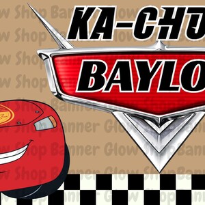 May include: A rectangular banner featuring a red race car with the number 95, a checkered flag bunting, and a red emblem with the text KA-CHOW! BAYLOR IS 2. The background is tan with a black and white checkered border along the bottom edge.