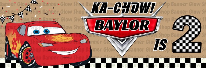 May include: A rectangular banner featuring a red race car with the number 95, a checkered flag bunting, and a red emblem with the text KA-CHOW! BAYLOR IS 2. The background is tan with a black and white checkered border along the bottom edge.