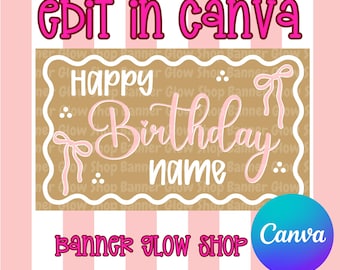 Coquette pinck Bows Happy Birthday Painted Banner Template | Digital Download