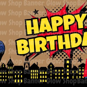 May include: A rectangular birthday banner featuring a comic book style illustration of a red and blue superhero swinging from a white web. The text reads HAPPY BIRTHDAY 4TH EMILIANO! against a brown background with a black city skyline silhouette.