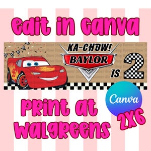 May include: A rectangular banner design featuring a red race car with the number 95, a red shield emblem with the text KA-CHOW! BAYLOR, and a large black and white checkered number 2. The text Edit in Canva and Print at Walgreens is included.