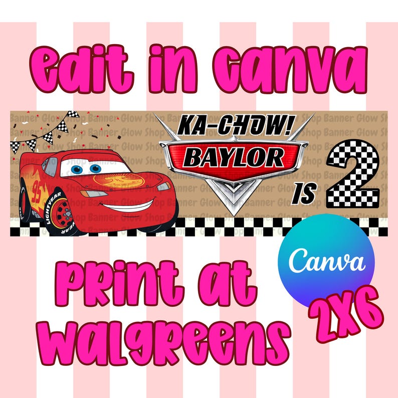 May include: A rectangular banner design featuring a red race car with the number 95, a red shield emblem with the text KA-CHOW! BAYLOR, and a large black and white checkered number 2. The text Edit in Canva and Print at Walgreens is included.