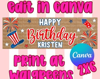 Happy Birthday Patriotic USA Banner Template,  Editable Canva 2x6, Print at Walgreens