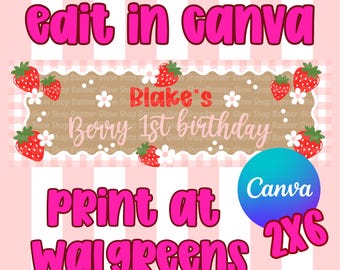 Strawberry Berry 1st Birthday Banner Template | Walgreens Printable Banner | Canva (Digital Download)