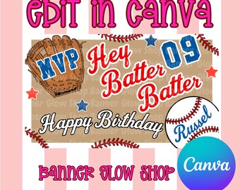 Hey Batter Batter Baseball Birthday Banner Template | Editable Canva Design (Digital Download)
