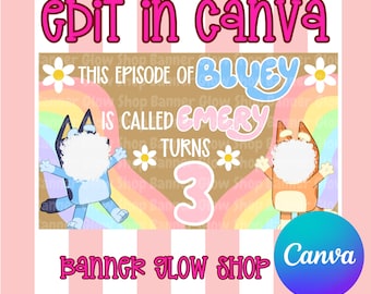 Blue Dog Birthday Banner Template: Customizable Rainbow Episode Design (Digital Download)