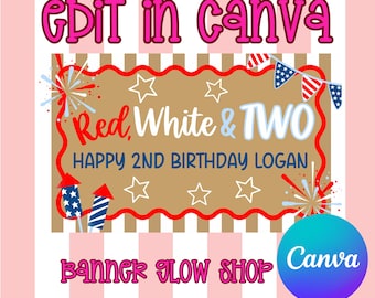 Red white & TWO 4th of July birthday banner template| digital download