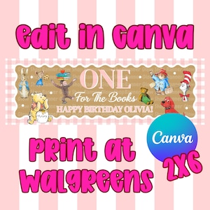 May include: A rectangular banner with a scalloped edge featuring illustrations of storybook characters including a bear, a monkey, and a cat. The text reads ONE For The Books HAPPY BIRTHDAY OLIVIA! The background is a light pink and white vertical stripe pattern.