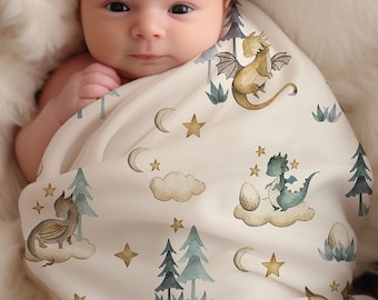 Manta personalizada de bebé con diseño de dragón en tejido minky – Habitación infantil con temática de dragones de fantasía – Manta mágica para cuna – Nombre bordado – Tejido minky de dos capas