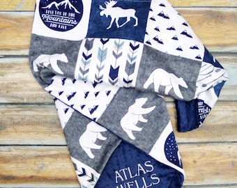 Manta de bebé Minky personalizada - Manta para bebé "Te amo hasta las montañas" - Ropa de cama para bebé - Manta de aventura - Guardería infantil en el bosque