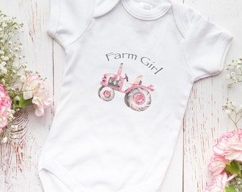 Farm Girl Baby Bodysuit - Newborn Outfit - Baby Girl Gift - Baby Girl Bodysuit - Baby Girl Clothes - Pink Tractor Baby - Farm Life