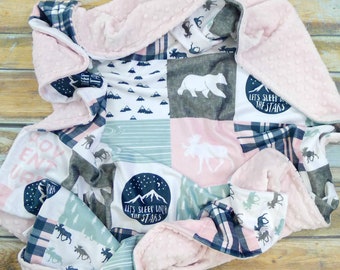 Baby Blanket - Personalized Baby Blanket - Moose Baby Blanket - Bear Baby Blanket - Girl Baby Blanket - Mountains Baby - Baby Blanket Girl