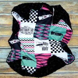 Teal and Pink Racing Minky Blanket - Faux Patchwork - Race Car Blanket - Dirt Track Blanket - Car Racing Baby Blanket - Personalized Blanket