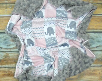 Manta de bebé con diseño de elefante - Manta de bebé Minky personalizada - Manta para bebé niña - Edredón sintético - Manta de elefante - Manta Minky personalizada