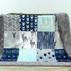 Personalized Minky Baby Blanket - Faux Patchwork Quilt - Little One Blanket - Deer Baby Blanket - Baby Boy Gift - Boy Baby Blanket