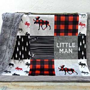 Personalized Minky Baby Blanket Buffalo Plaid Blanket Faux Quilt Little Man Blanket Baby Blanket Boy Moose Blanket Name Blanket image 2