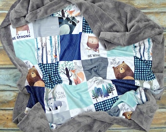 Woodland Camping on Gray and Navy Striped Minky Baby Blanket 1-14 yards