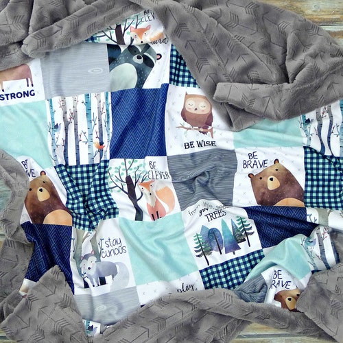 Woodland Nursery Baby Blanket Faux Quilt Minky Baby Etsy
