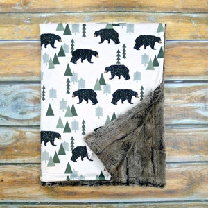 Bear Baby Blanket - Desinger Minky Baby Blanket - Unisex Blanket - Crib Bedding - Woodland Nursery Bedding - Mountain Minky Blanket