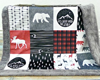 Manta personalizada para bebé niño - Manta de aventura Minky - Habitación infantil con temática de bosque - Manta con animales del bosque - Manta con nombre personalizado - Bosque