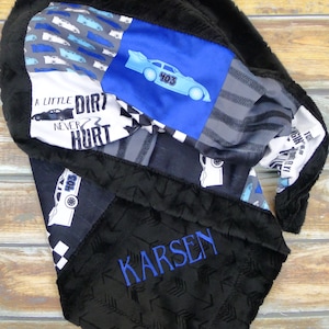 Racing Minky Blanket - Designer Minky - Faux Patchwork - Race Car Blanket - Dirt Track Blanket - Car Racing Baby Blanket - Personalized Baby