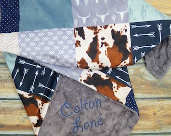 Manta Minky Western personalizada - Edredón de imitación - Manta Minky con cactus Western - Manta para bebé niño - Ropa de cama de bebé vaquero - Manta de granja