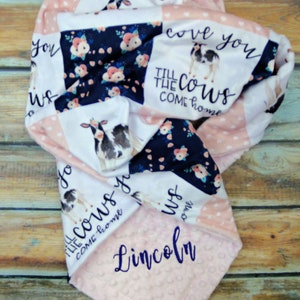Personalized Gift - Minky Blanket - Farm Blanket - Cow Blanket - Faux Quilt - Minky Baby Blanket - Pink Farm Baby Blanket - Farm Life Gift