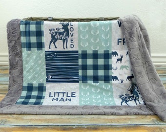 Personalized Minky Blanket - Blue Plaid Blanket - Deer Blanket - Buck Blanket - Minky Baby Blanket Boy - Woodland Animal Blanket