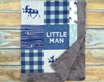 Minky Baby Blanket - Lumberjack Baby Boy Blanket - Navy Baby Boy Bedding - Little Man Moose Blanket - Woodland Nursery - Rustic Nursery