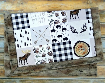 Personalized Minky Baby Blanket - Moose Blanket - Faux Quilt - Little Man Blanket - Lumberjack - Toddler Blanket  - Woodland Nursery Bedding