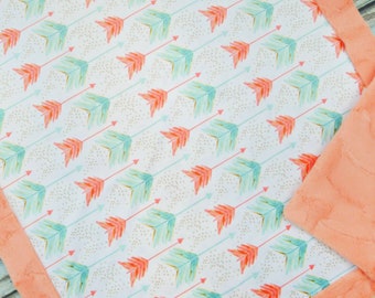 Arrow Baby Blanket - Arrows Baby Blanket - Minky Baby Blanket - Coral Teal - Arrows Blanket - Arrow Blanket - Tribal Nursery - Boho Baby