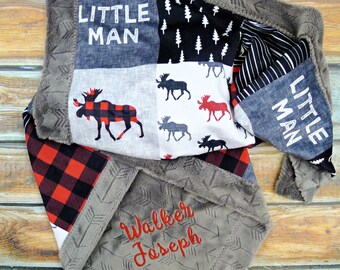 Personalized Minky Baby Blanket - Buffalo Plaid Blanket - Faux Quilt - Little Man Blanket - Baby Blanket Boy - Moose Blanket - Name Blanket