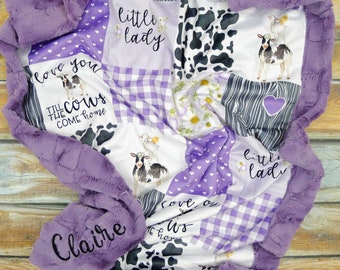 Cow Minky Blanket - Farm Blanket - Personalized Blanket - Faux Quilt - Minky Baby blanket - Purple Farm Baby Blanket - Girl Farm Blanket