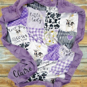 Cow Minky Blanket - Farm Blanket - Personalized Blanket - Faux Quilt - Minky Baby blanket - Purple Farm Baby Blanket - Girl Farm Blanket