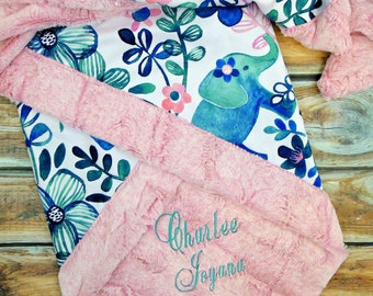 Manta de elefante para bebé - Manta de minky personalizada para bebé - Manta de elefante - Manta con nombre floral - Manta para niña - Manta personalizada
