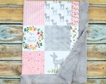 Personalized Baby Girl Blanket - Woodland Blanket - Wildflower Throw Blanket - Minky Baby Blanket - Deer Faux Quilt - Embroidered Blanket