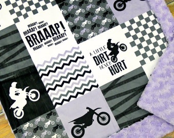 Motocross Minky Blanket - Designer Minky - Faux Patchwork - Motorcycle Blanket - Dirt Bike Blanket - Motocross Baby Blanket - Purple Blanket