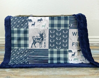 Personalized Minky Blanket - Woodland Baby Blanket - Deer Blanket - Baby Blanket Boy - Faux Quilt - Boy Baby Blanket - Newborn Gift Boy