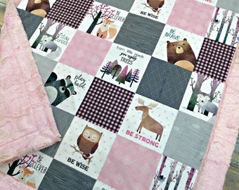 Woodland Nursery Baby Blanket - Faux Quilt - Minky Baby Blanket - Personalized Minky Baby Blanket - Baby Blanket Girl - Girl Baby Blankets