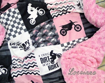 Personalized Motocross Minky Blanket - Minky Faux Patchwork - Motorcycle Blanket - Dirt Bike Blanket - Motocross Baby Blanket - MotoX