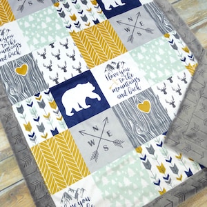 Baby Blanket - Faux Patchwork Quilt - Mountain Blanket - Bear Baby Blanket - Baby Gift - Boy Baby Blanket - Baby Blankets - Woodland Blanket