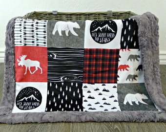 Red Plaid Baby Blanket - Faux Patchwork Quilt - Moose Baby Blanket - Bear Baby Blanket - Lumberjack - Baby Blankets - Minky Baby blanket