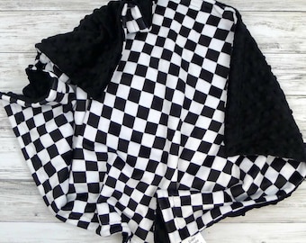 Personalized Baby Blanket - Racing Flag Baby Blanket - Race Flag - Black and White Baby Blanket - Baby Blanket - Monochrome - Minky Blanket