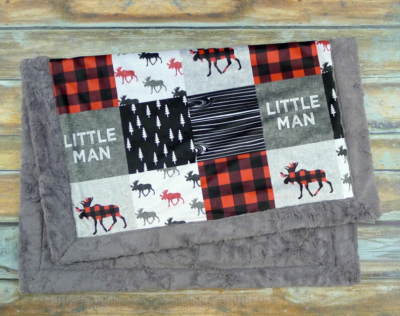 Personalized Minky Baby Blanket Buffalo Plaid Blanket Faux Quilt Little Man Blanket Baby Blanket Boy Moose Blanket Name Blanket image 5