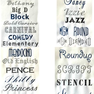 May include: A collection of embroidered font samples in various styles, including "Bauhaus," "Block," and "Carnival." The fonts are displayed in a mix of colors, with some in blue and others in gray.